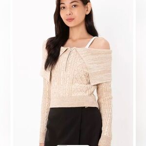 Cotton On Cable Knit Zip Off the Shoulder tan and cream sweater. Like new. Small